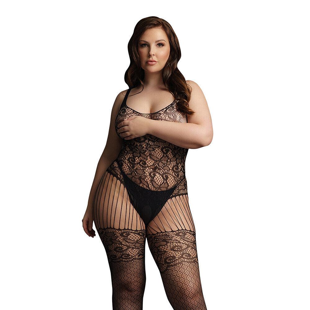 Le Desir Black Lace and Fishnet Bodystocking UK 14 to 20-Katys Boutique