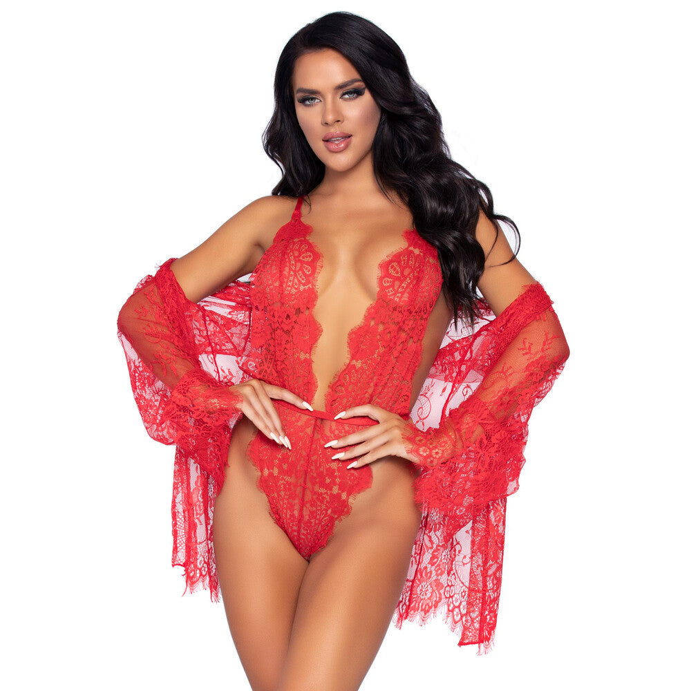 Leg Avenue Floral Lace Teddy and Robe Red-Katys Boutique