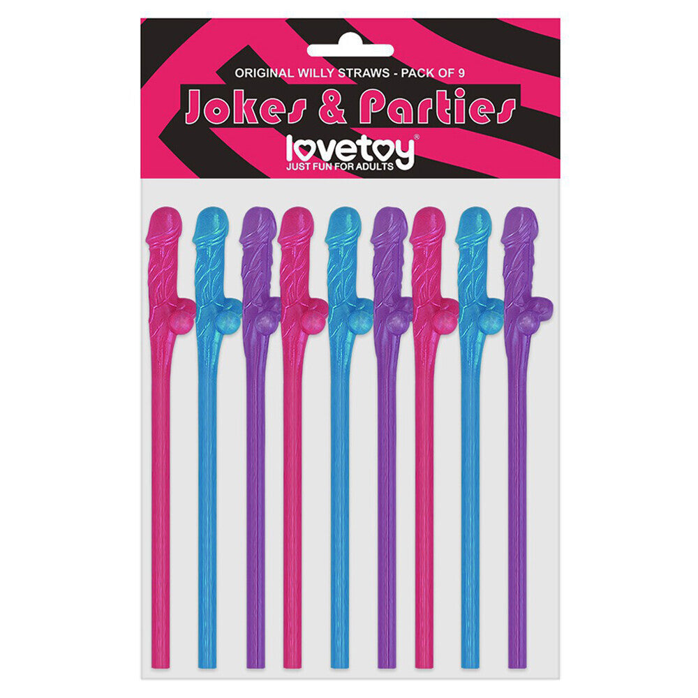 Lovetoy Pack Of 9 Willy Straws Blue Pink And Purple-Katys Boutique