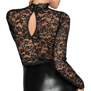 Noir Black Lace and Wet Look Pencil Dress-Katys Boutique
