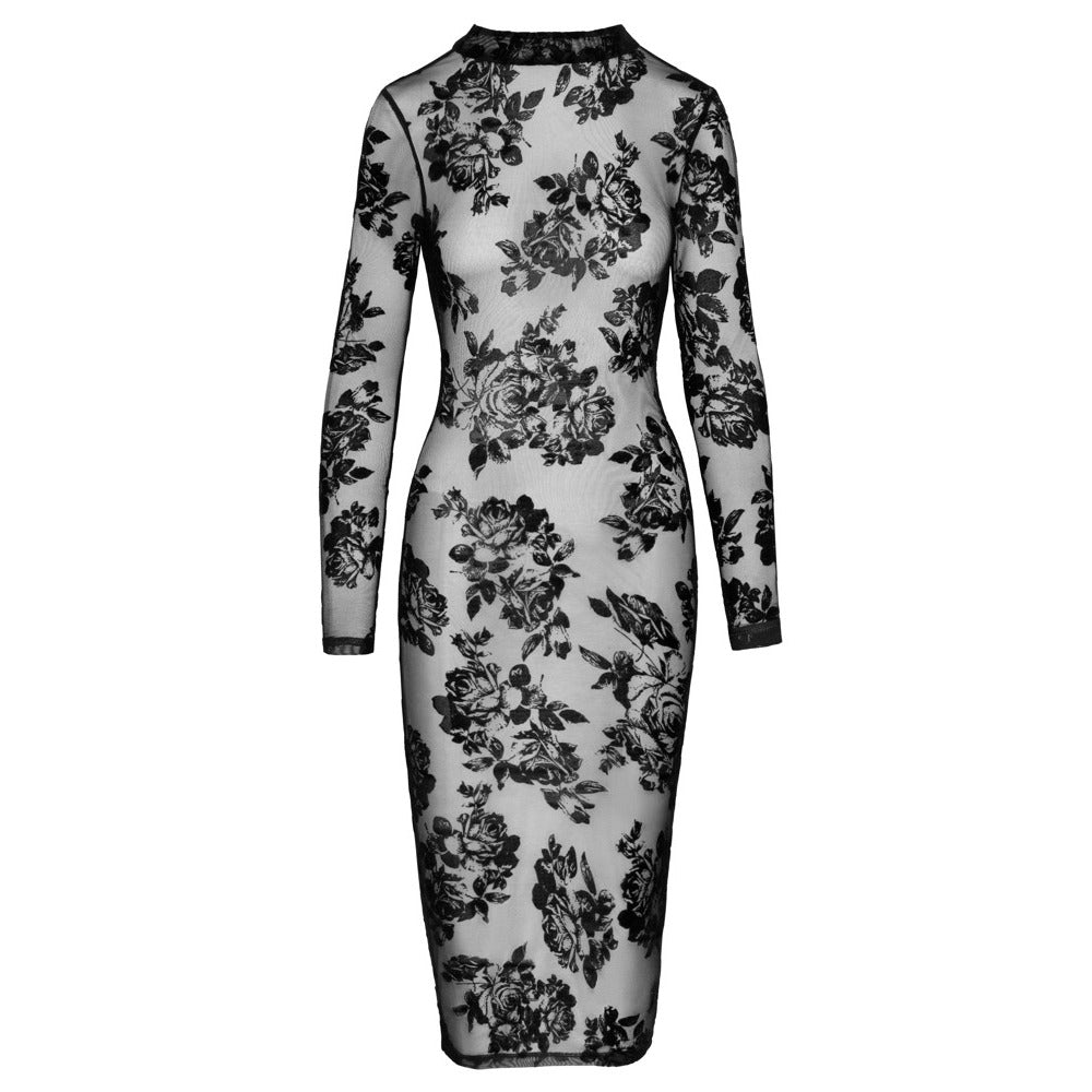 Noir Tight Fitting Floral Transparent Dress-Katys Boutique