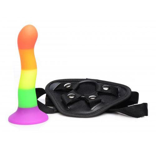 Proud Rainbow Silicone Dildo with Harness-Katys Boutique